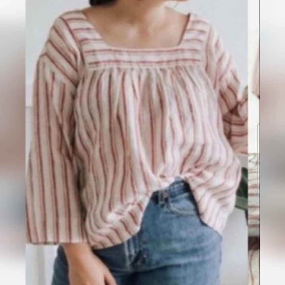 RACHEL ZOE Pink Striped Square Neck Linen Top sz XL